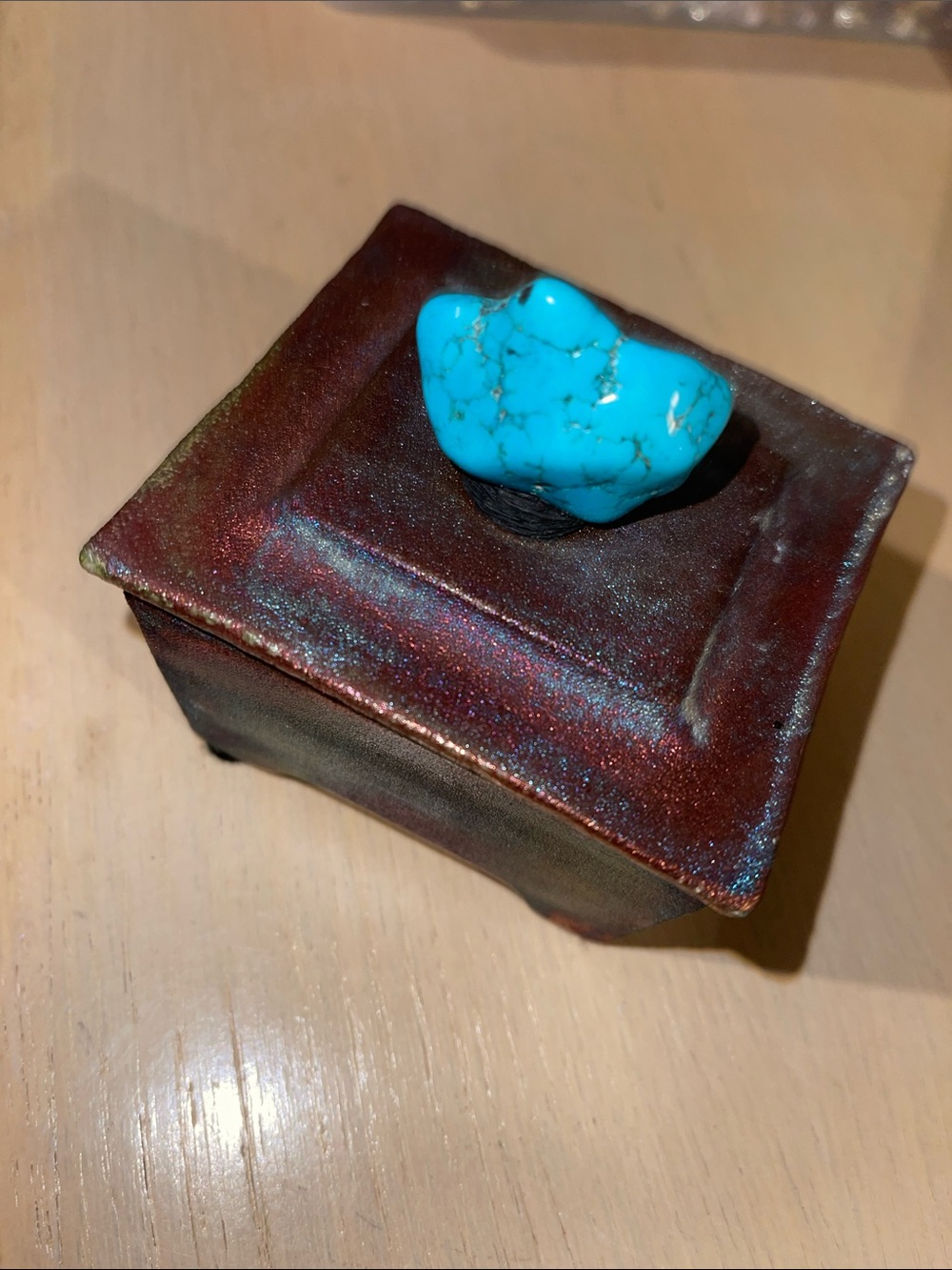J Diller raku dream box handcrafted Ceramic Trinket Box with Turquoise Stone